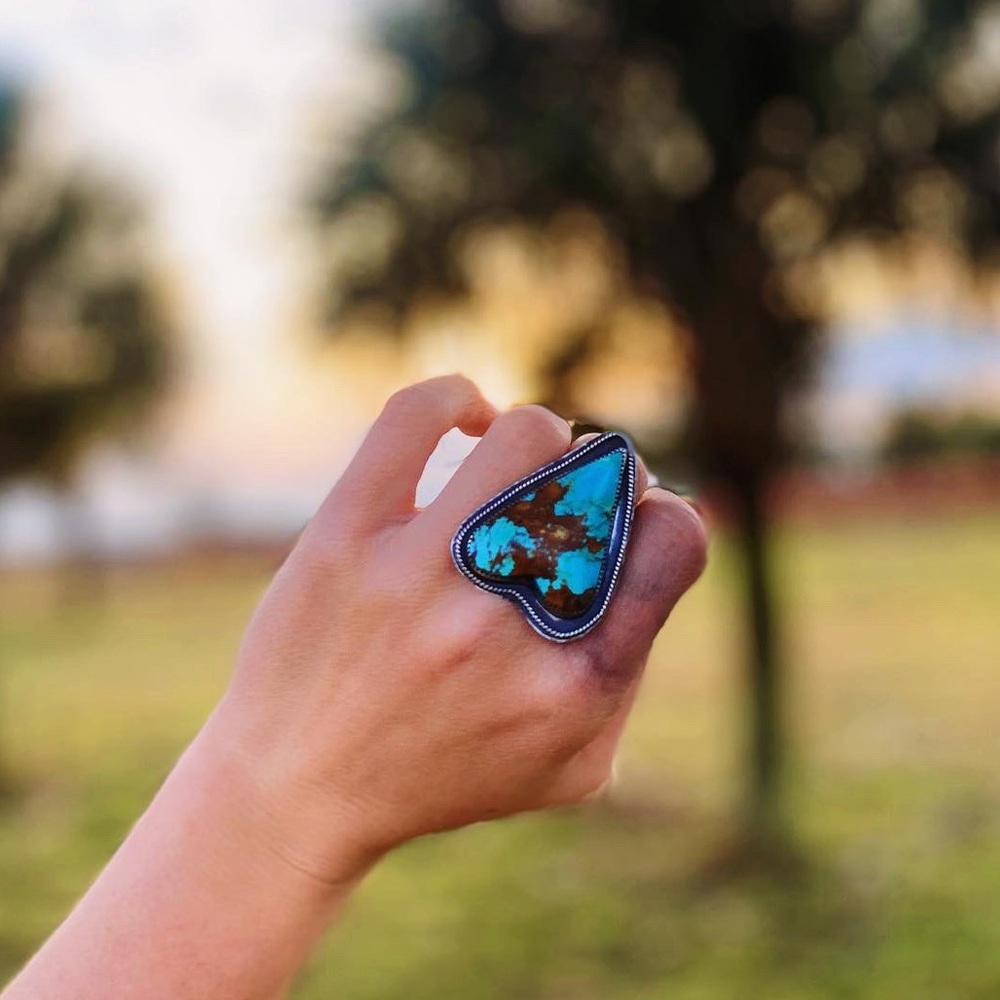 LARGE Kingman Turquoise Heart Shaped Ring Size 7